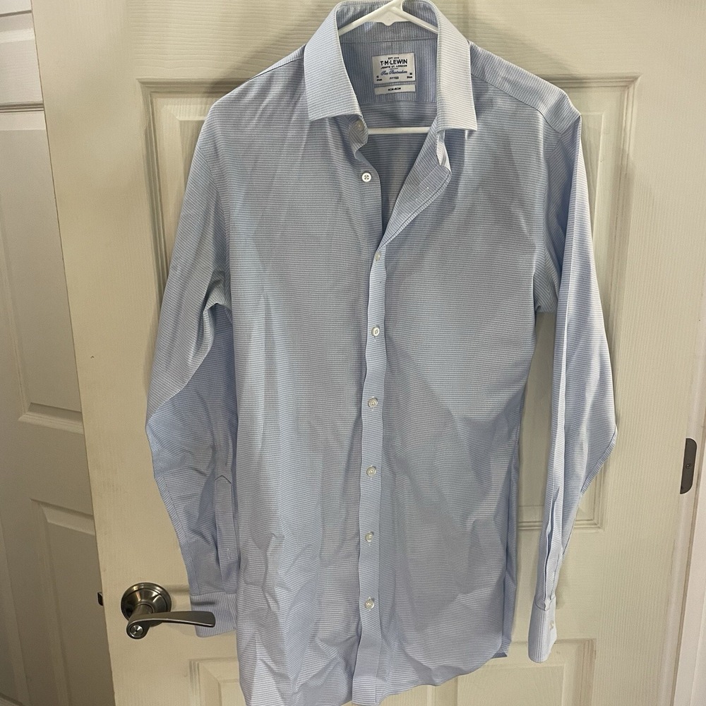 T.M. Lewin Men's Long Sleeve Button Up‎ Shirt W/Collar Lt Blue Herringbone 16/36